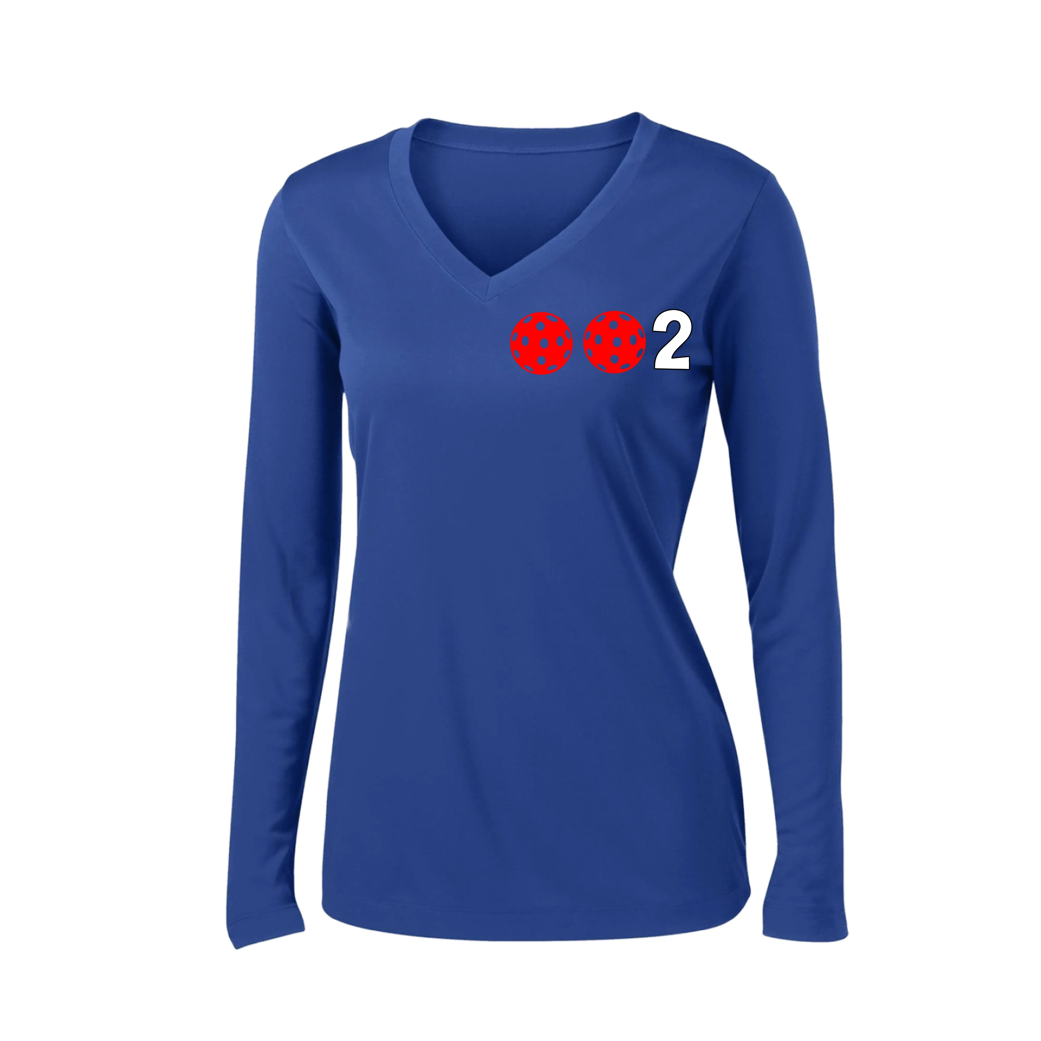 002 With Pickleballs (Colors Green Orange Red) Customizable | Women's Long Sleeve V-Neck Pickleball Shirts | 100% Polyester