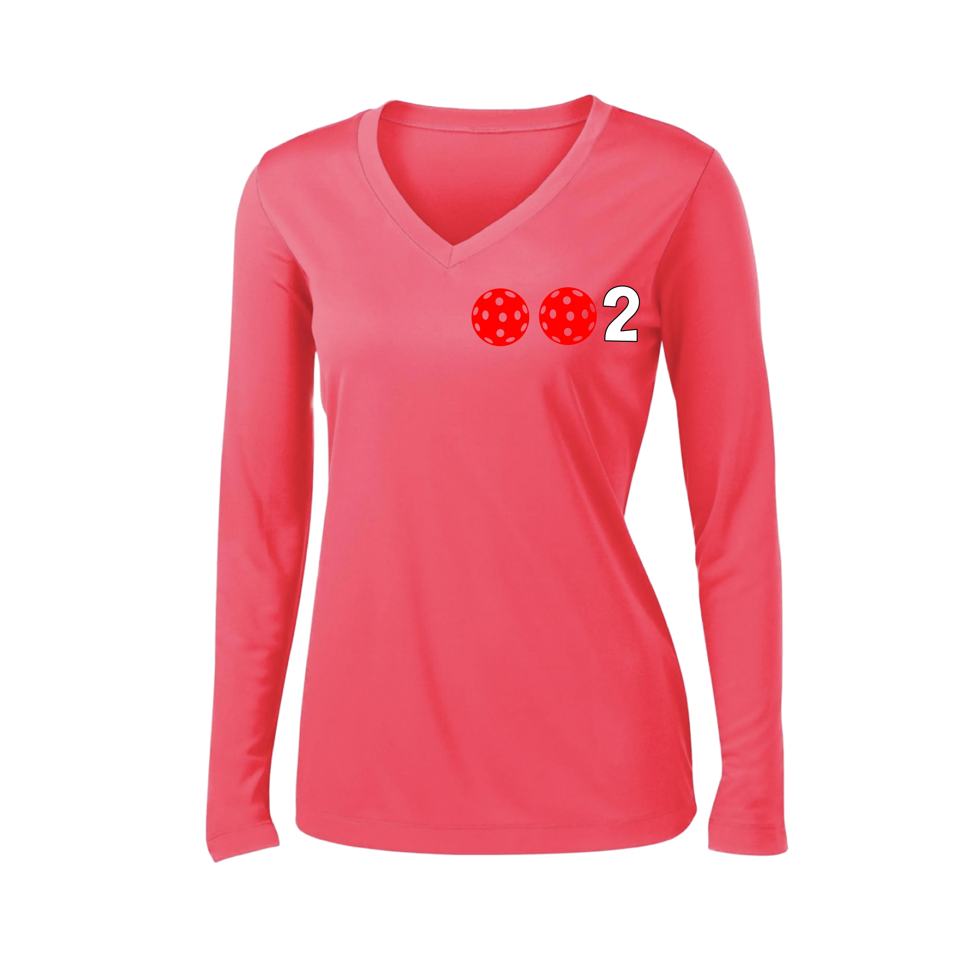 002 With Pickleballs (Colors Green Orange Red) Customizable | Women's Long Sleeve V-Neck Pickleball Shirts | 100% Polyester