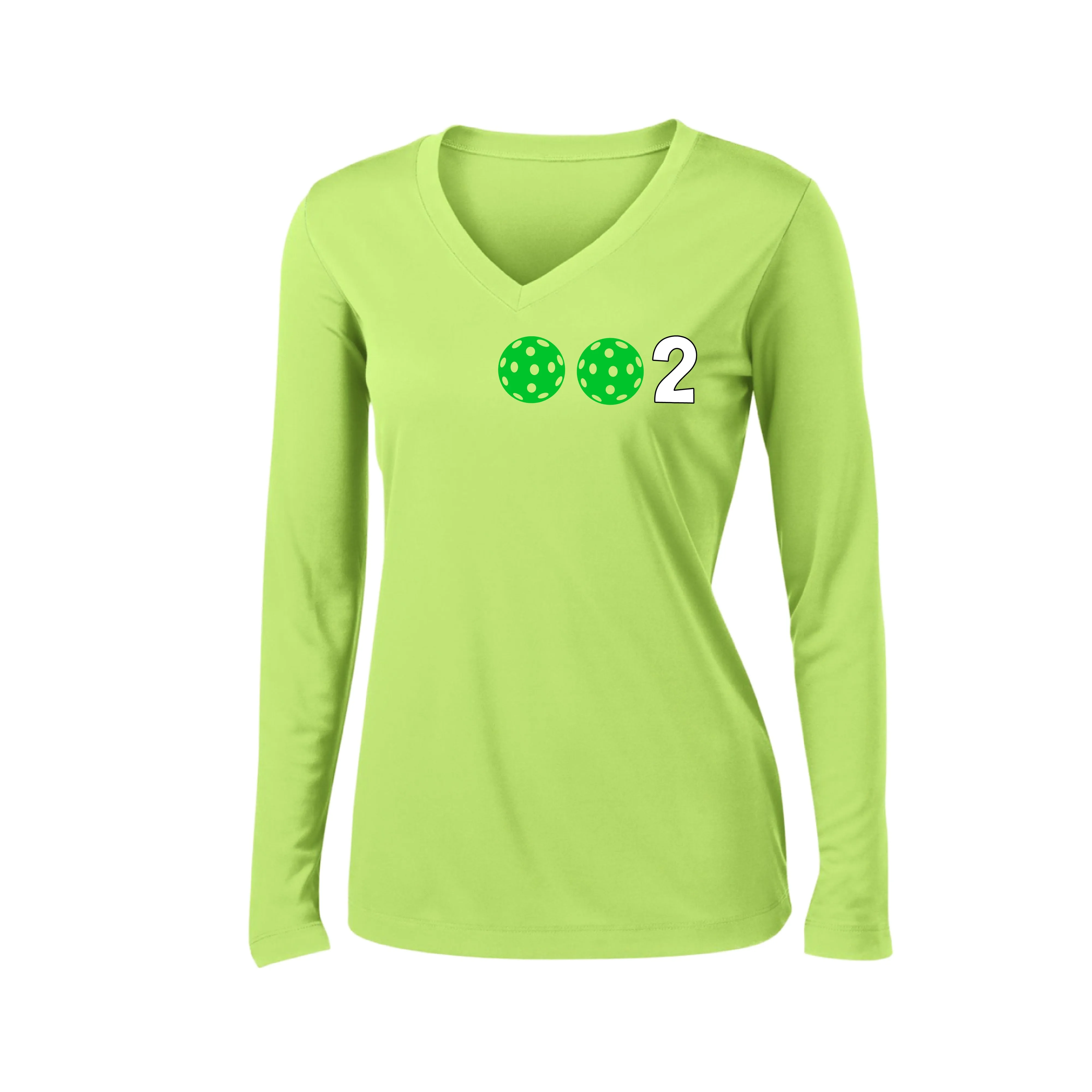 002 With Pickleballs (Colors Green Orange Red) Customizable | Women's Long Sleeve V-Neck Pickleball Shirts | 100% Polyester