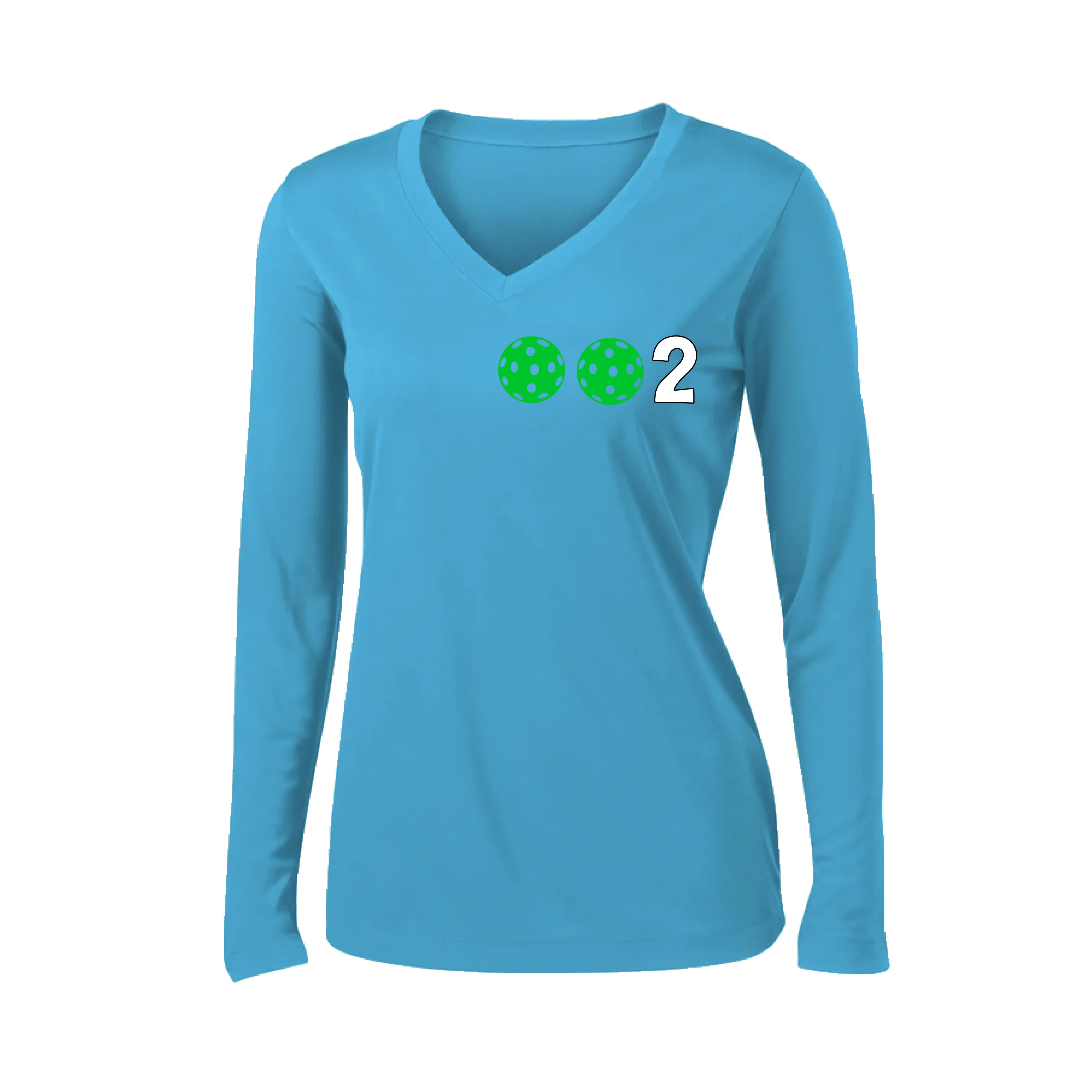 002 With Pickleballs (Colors Green Orange Red) Customizable | Women's Long Sleeve V-Neck Pickleball Shirts | 100% Polyester