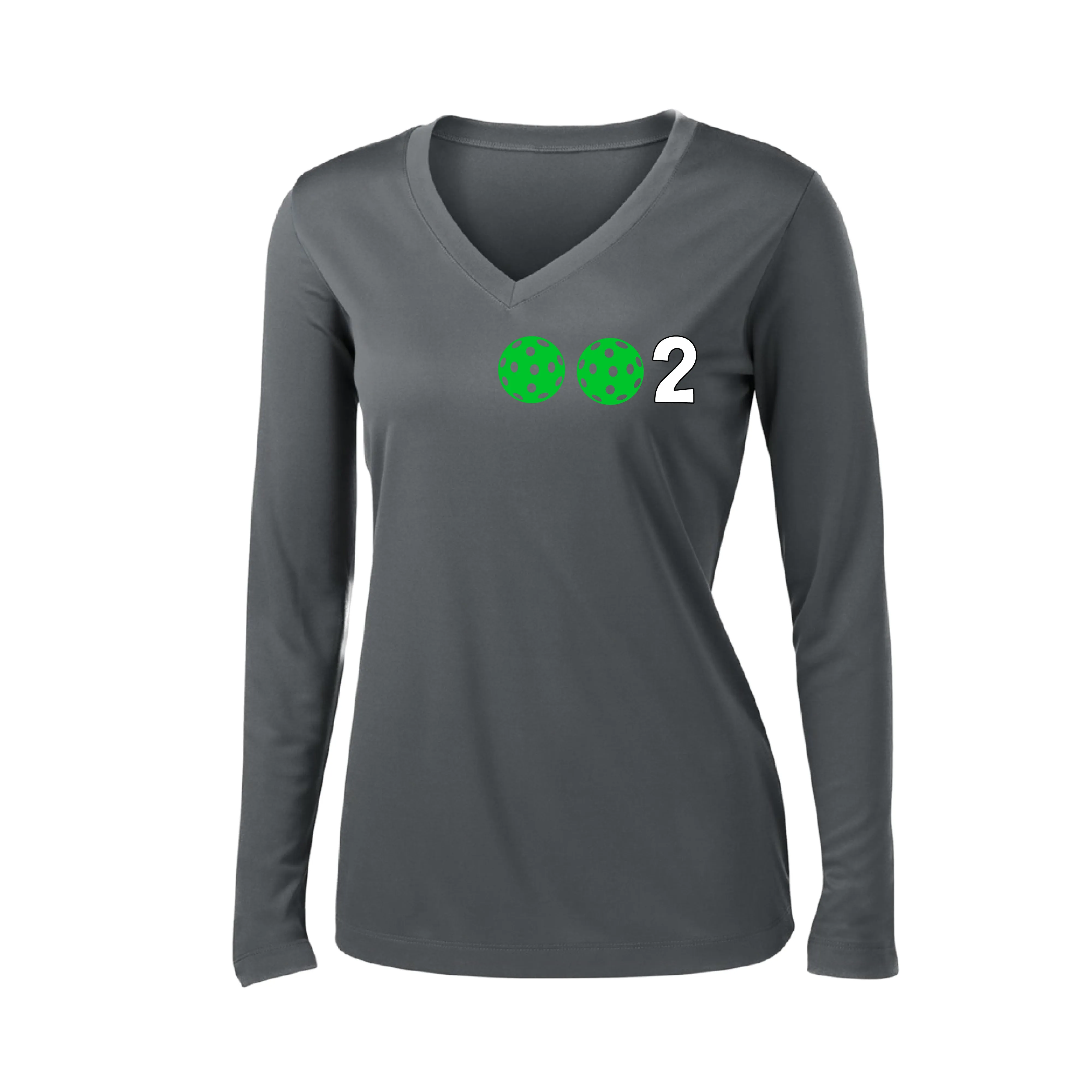 002 With Pickleballs (Colors Green Orange Red) Customizable | Women's Long Sleeve V-Neck Pickleball Shirts | 100% Polyester