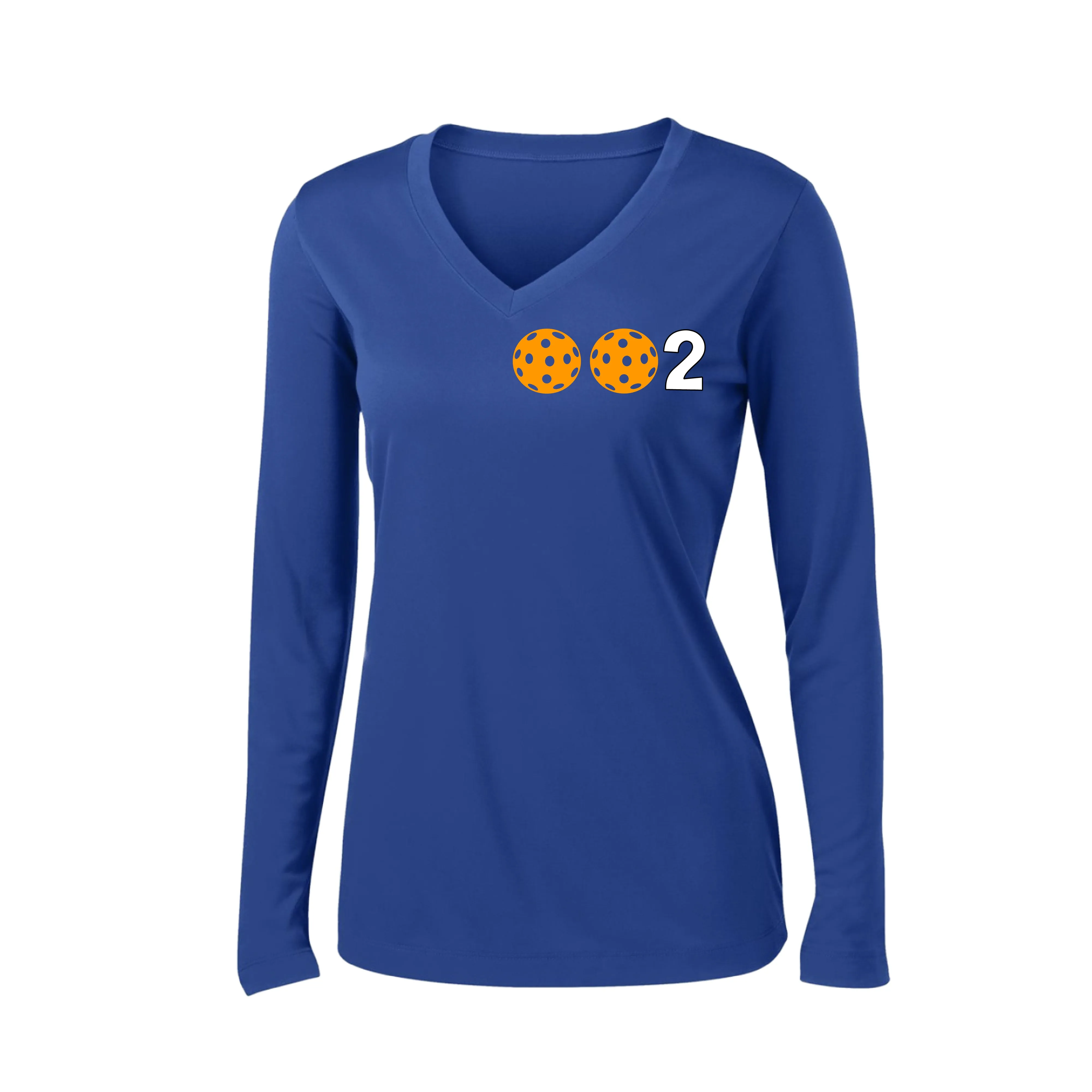 002 With Pickleballs (Colors Green Orange Red) Customizable | Women's Long Sleeve V-Neck Pickleball Shirts | 100% Polyester