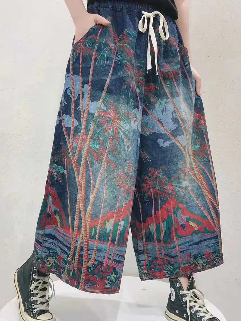 A Survivor Ethnic style Nine-Points Wide-Leg Jeans Trouser Pant