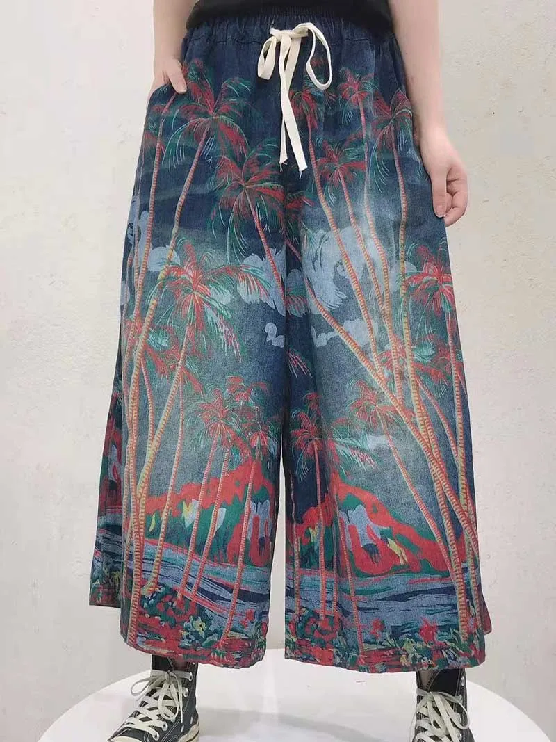 A Survivor Ethnic style Nine-Points Wide-Leg Jeans Trouser Pant