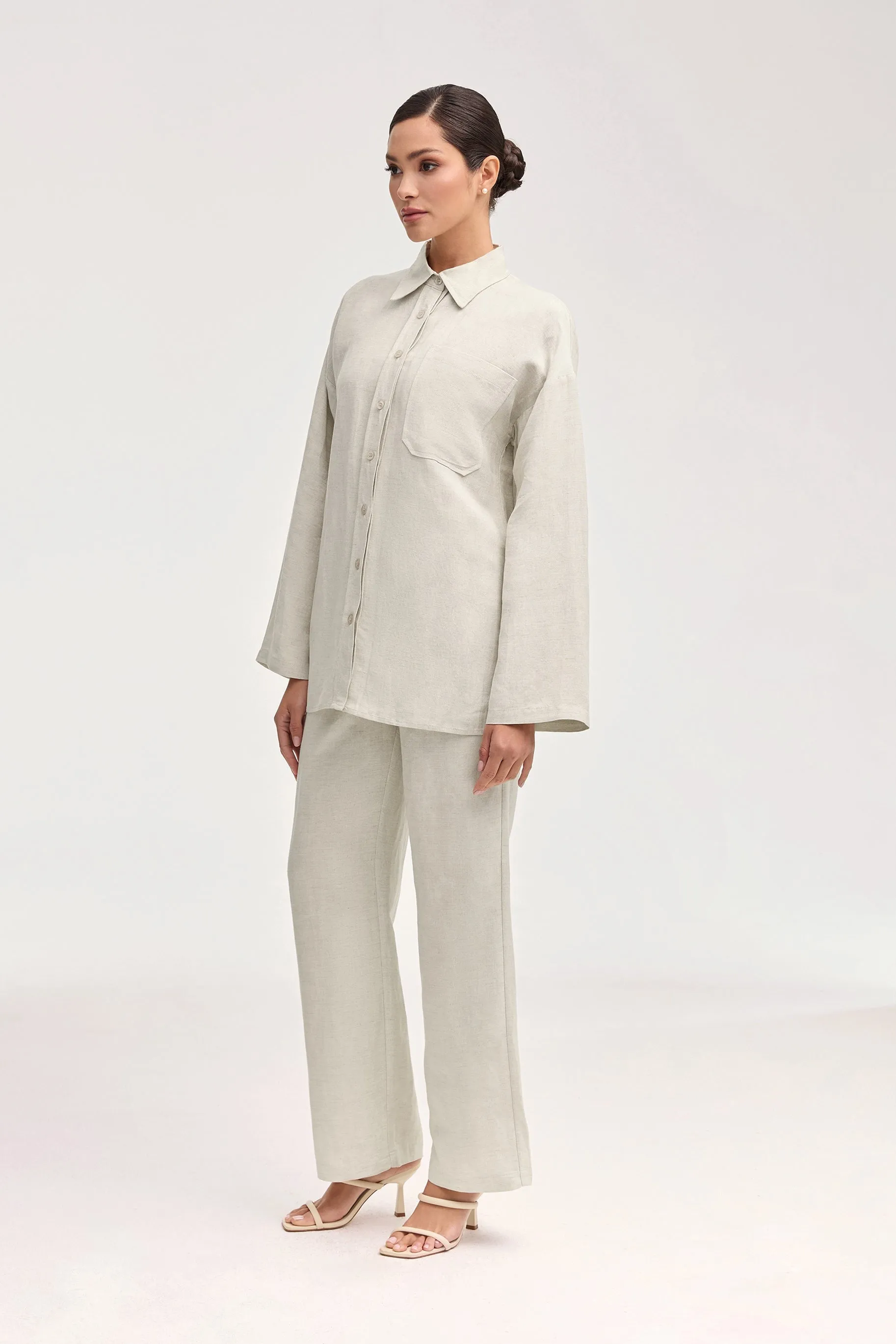 Adalila Linen Wide Leg Pants - Oatmeal