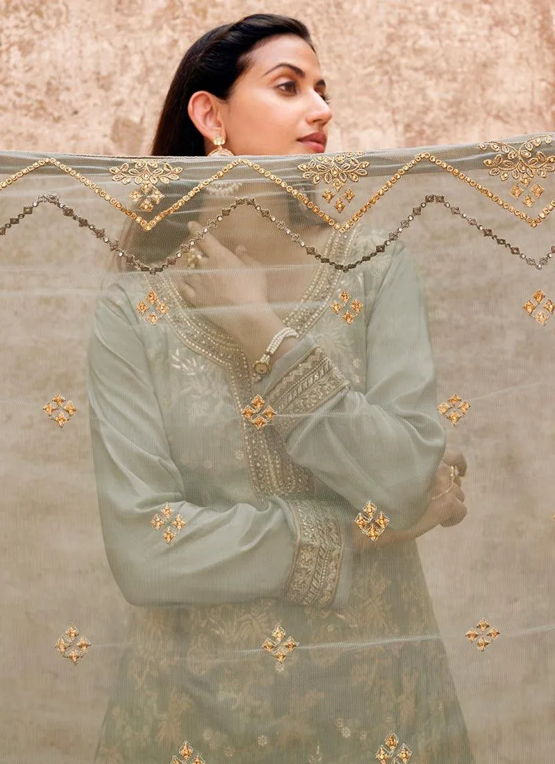 Aesthetic Pale Green Color Jacquard Silk Base Zari Work Palazzo Suit