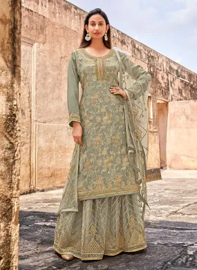 Aesthetic Pale Green Color Jacquard Silk Base Zari Work Palazzo Suit