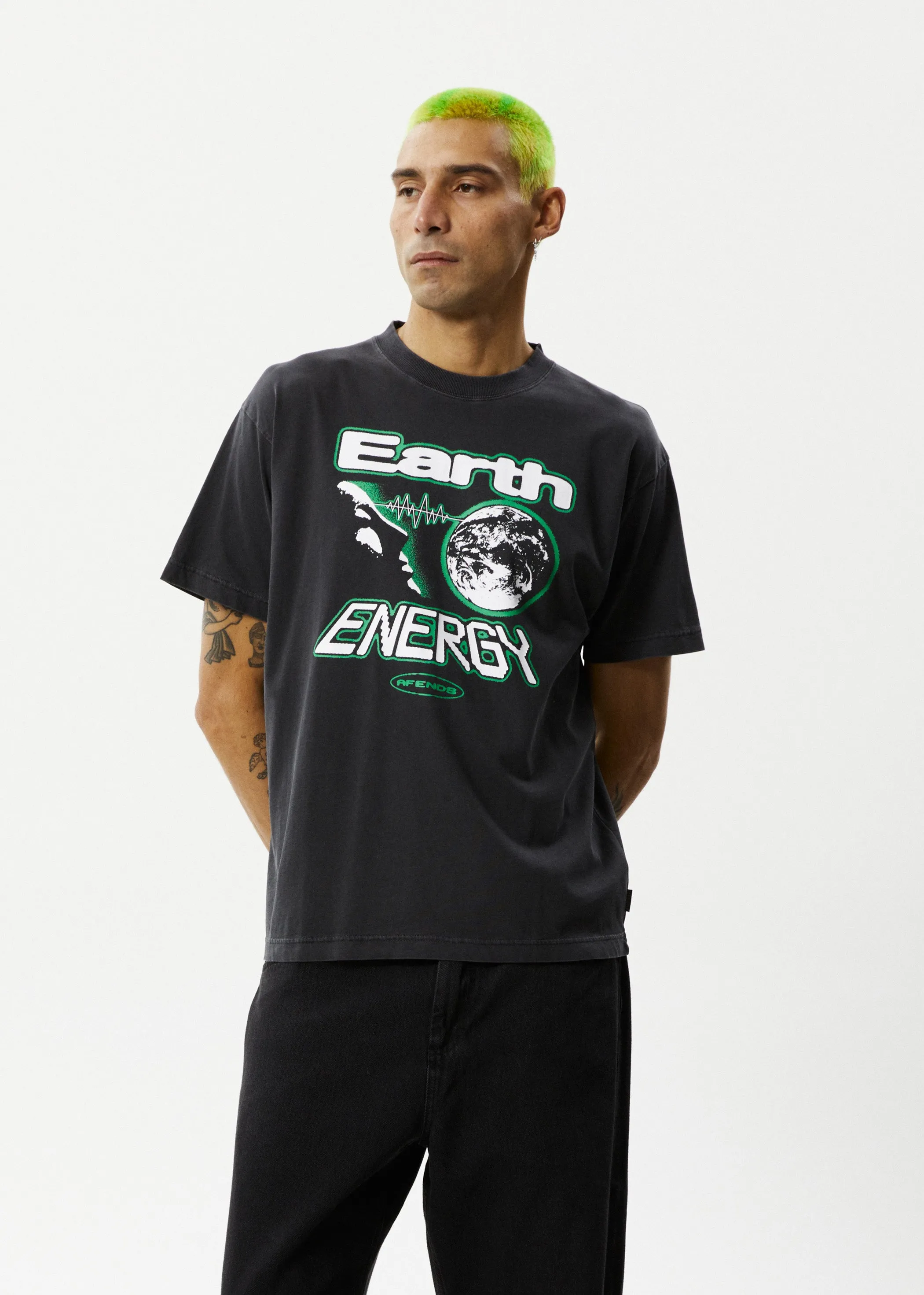 AFENDS Mens Black Boxy Fit Earth Energy Tee in Stone