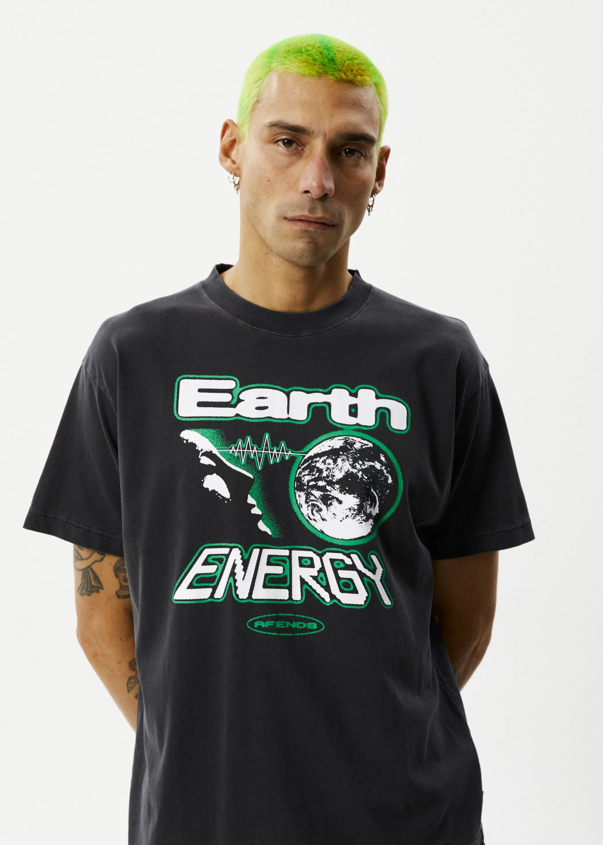 AFENDS Mens Black Boxy Fit Earth Energy Tee in Stone