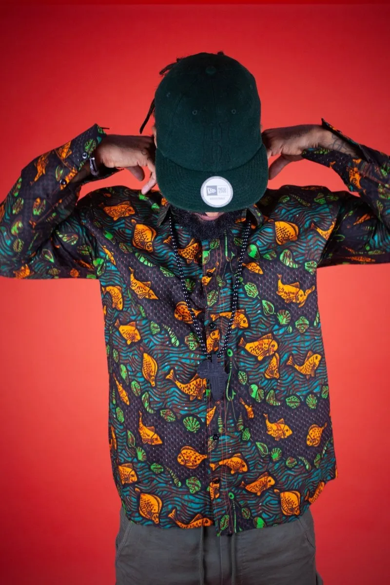 African Print Shirt In Fishy Green