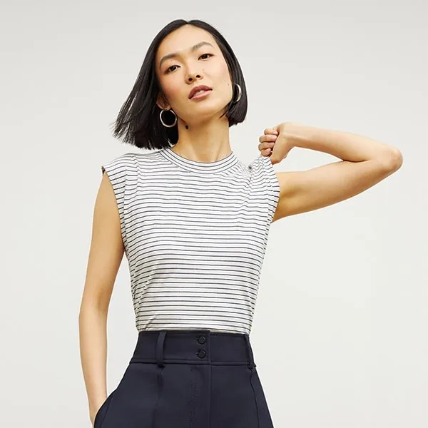 Alina T-Shirt - Thin Striped Pima Cotton :: Ivory / Coastline