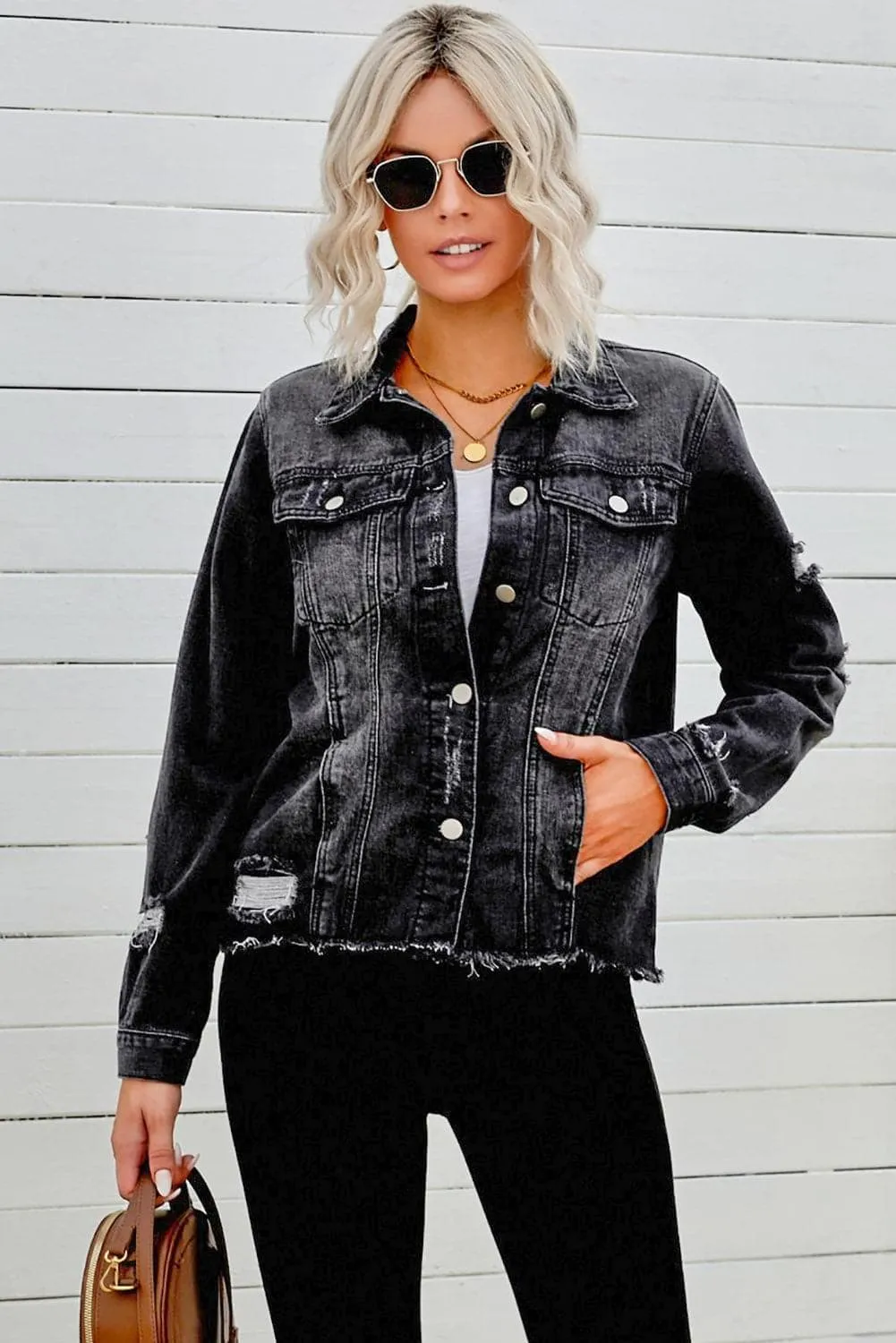 Chic Alyssa Distressed Denim Jacket with Raw Hem – Trendy Fashion Staple for Effortless Style