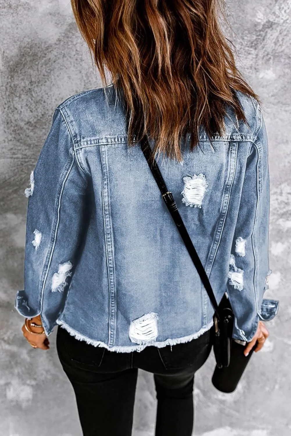 Chic Alyssa Distressed Denim Jacket with Raw Hem – Trendy Fashion Staple for Effortless Style