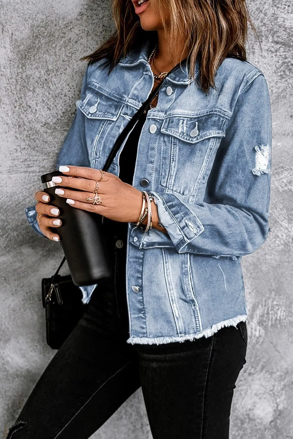 Chic Alyssa Distressed Denim Jacket with Raw Hem – Trendy Fashion Staple for Effortless Style