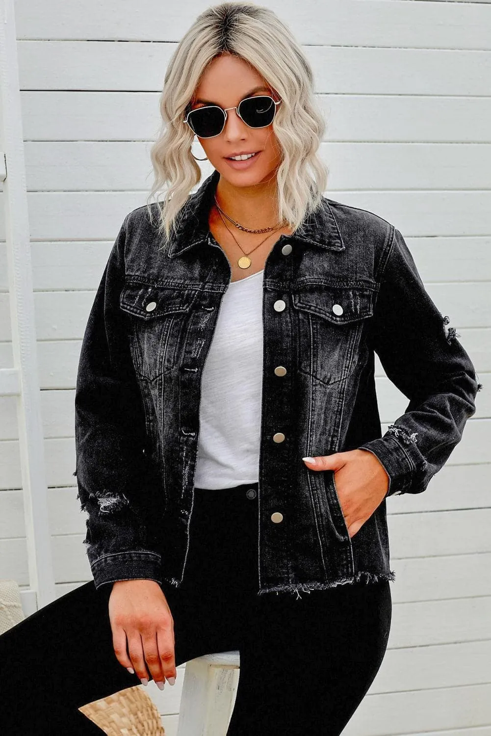 Chic Alyssa Distressed Denim Jacket with Raw Hem – Trendy Fashion Staple for Effortless Style