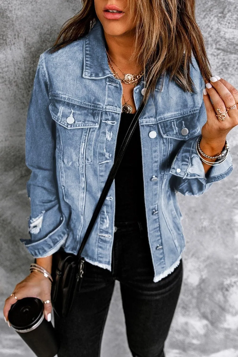 Chic Alyssa Distressed Denim Jacket with Raw Hem – Trendy Fashion Staple for Effortless Style