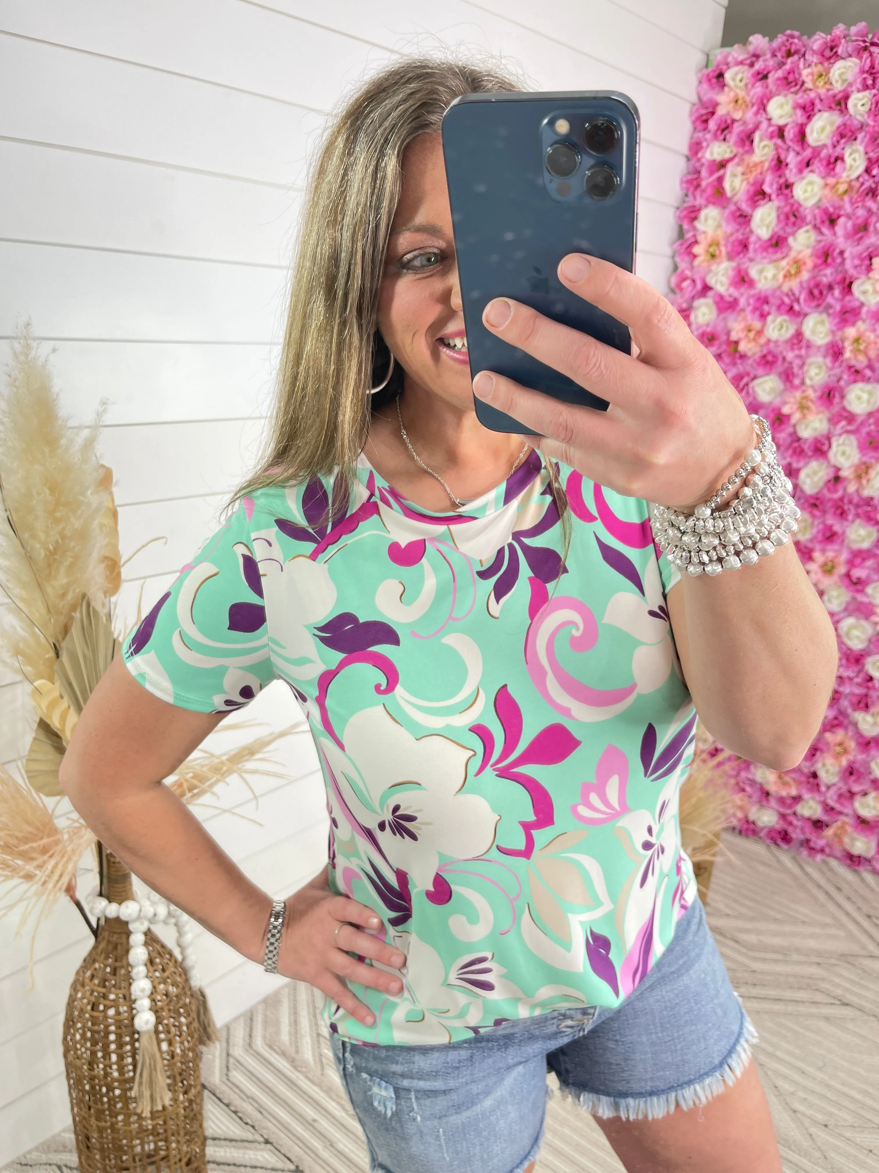 AQUA/PINKS FLORAL TOP