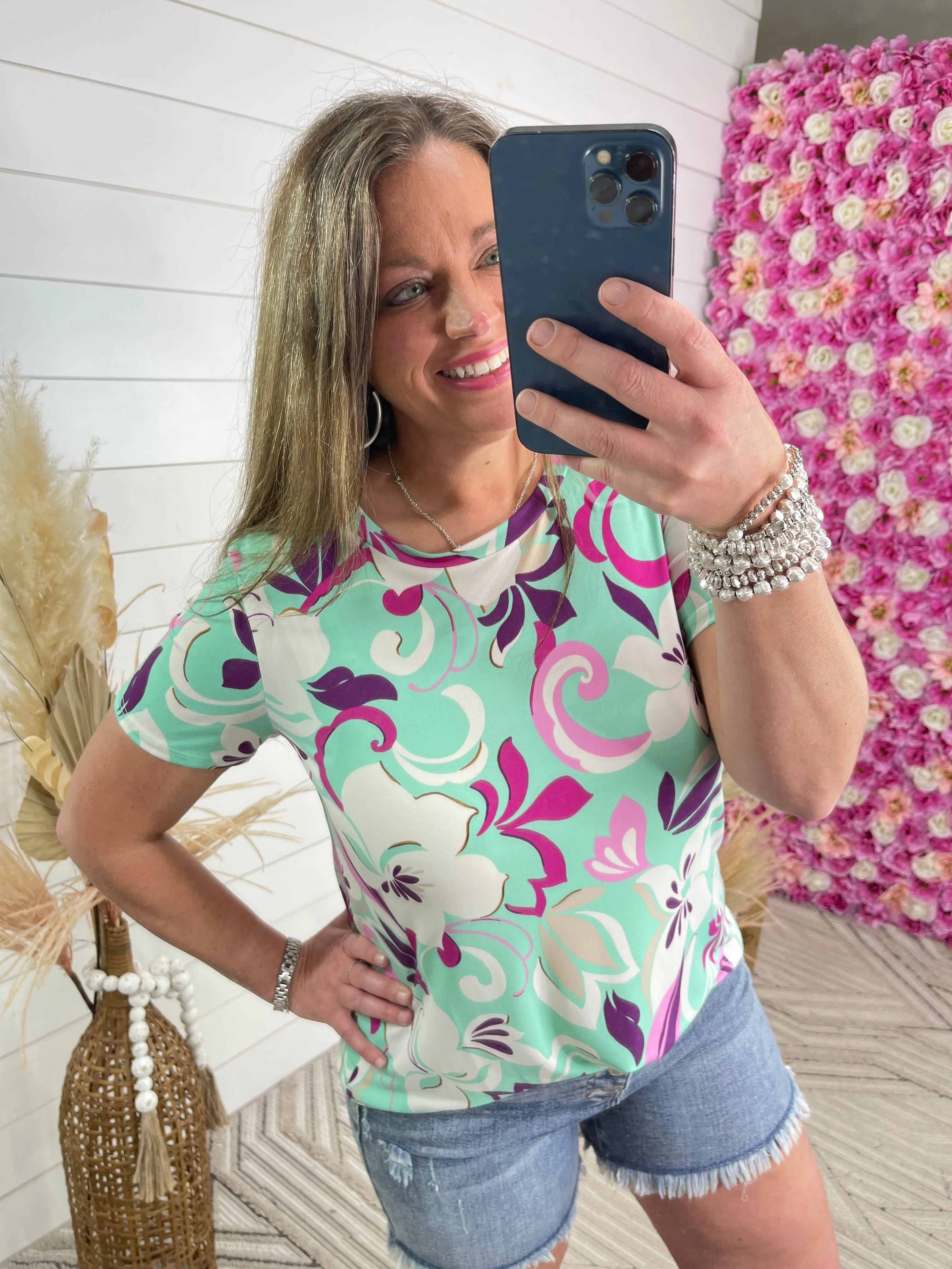 AQUA/PINKS FLORAL TOP