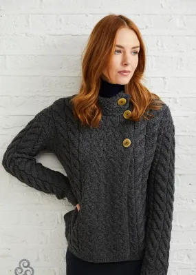 Aran - Asymmetrical Cardigan with Buttons - Charcoal