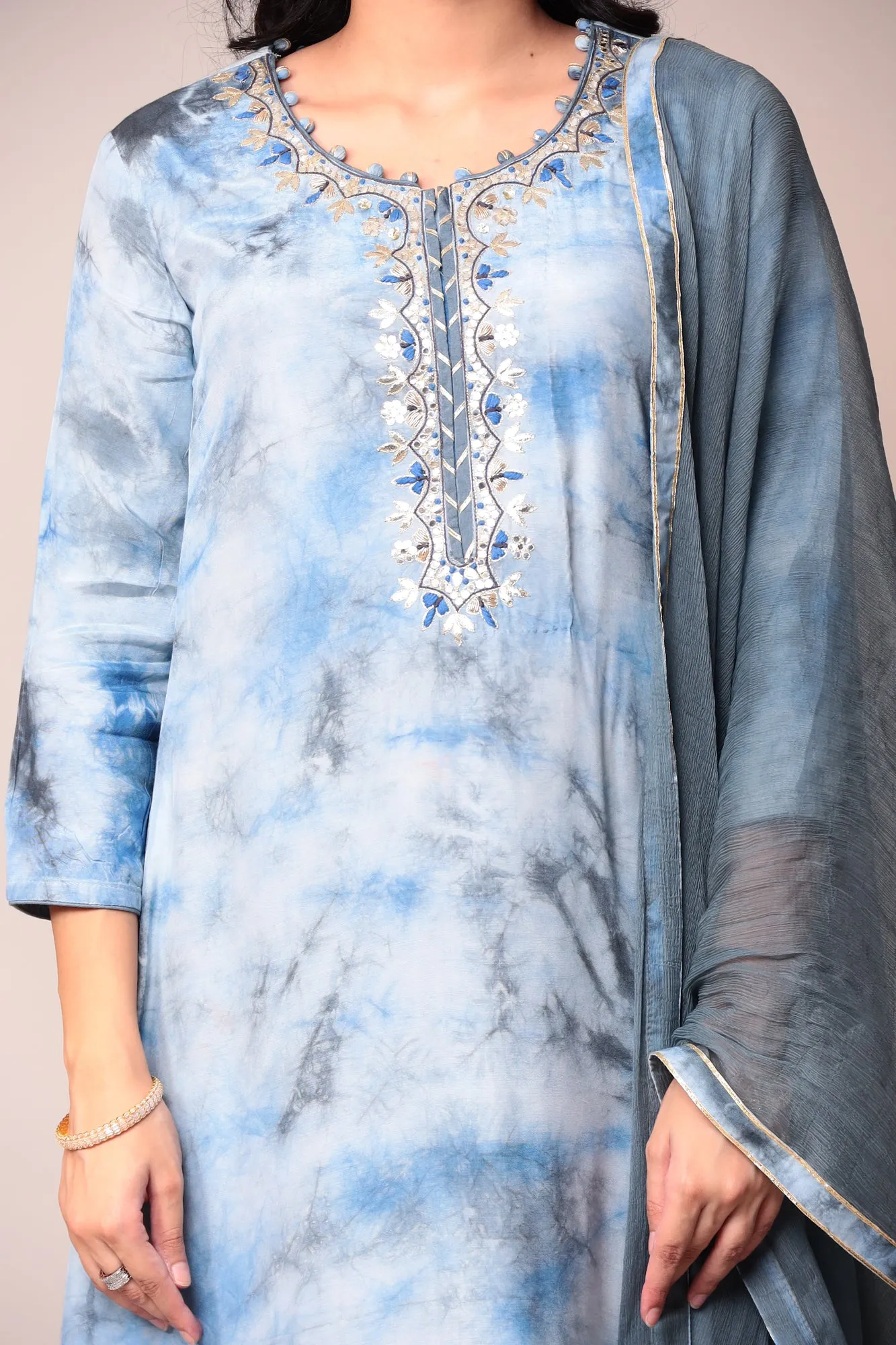 Assymetrical Cut Tie & Dye Silk Kurta Stitched (3Pc) with Gota Patti and Thread Work.