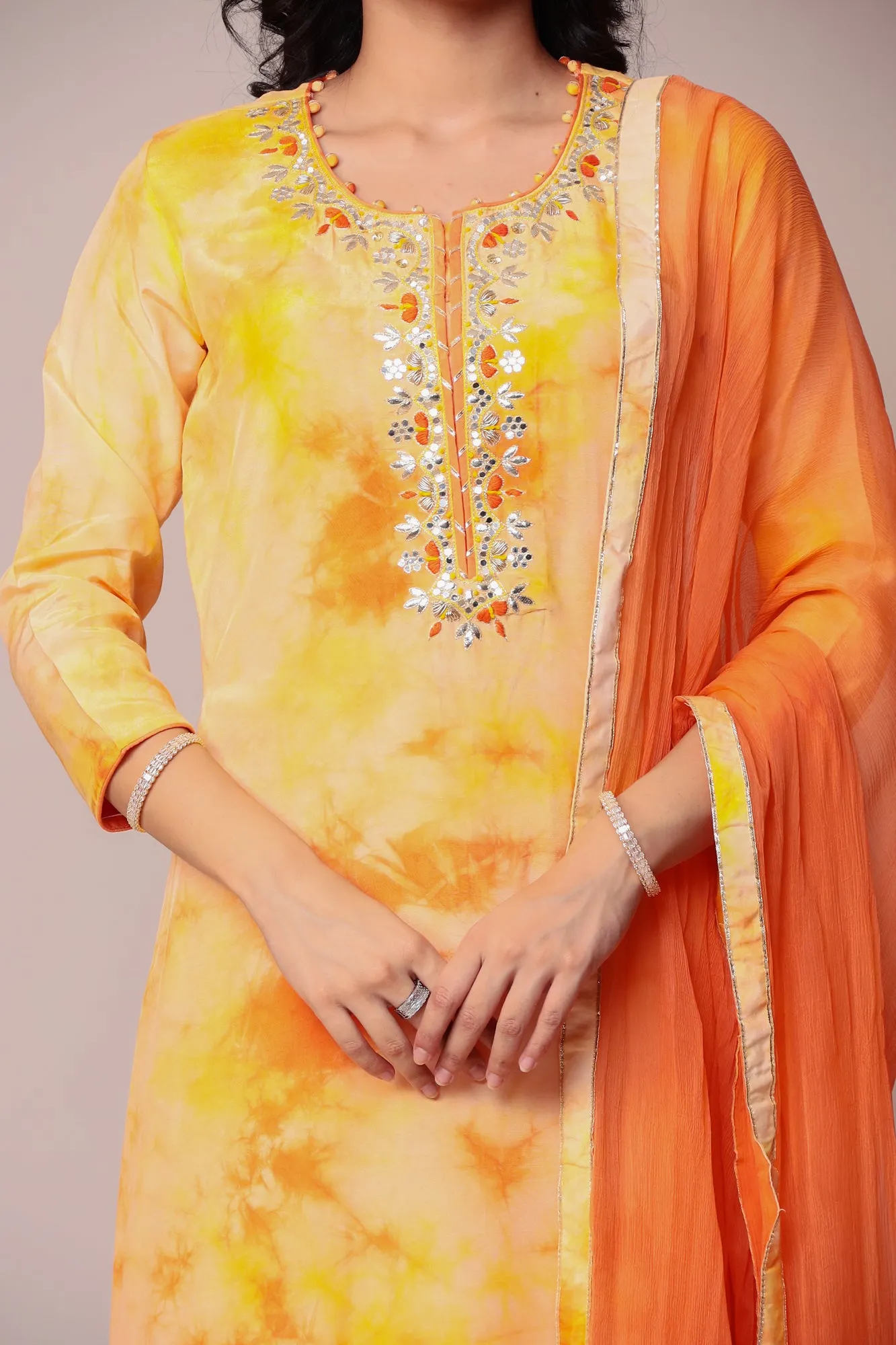 Assymetrical Cut Tie & Dye Silk Kurta Stitched (3Pc) with Gota Patti and Thread Work.