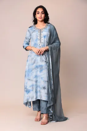 Assymetrical Cut Tie & Dye Silk Kurta Stitched (3Pc) with Gota Patti and Thread Work