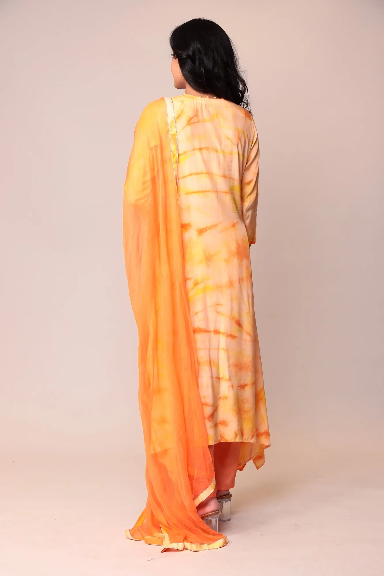 Assymetrical Cut Tie & Dye Silk Kurta Stitched (3Pc) with Gota Patti and Thread Work.