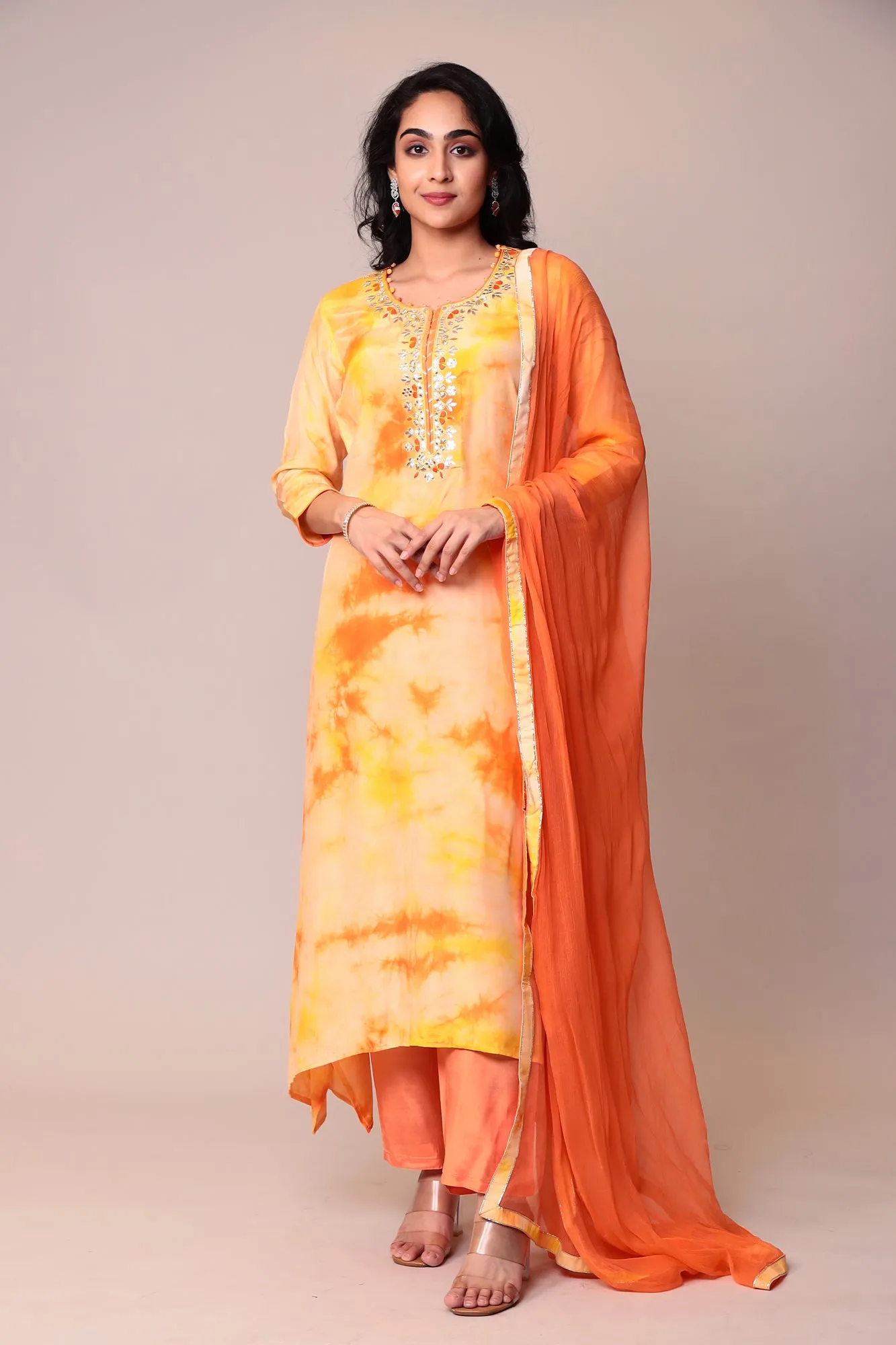 Assymetrical Cut Tie & Dye Silk Kurta Stitched (3Pc) with Gota Patti and Thread Work.