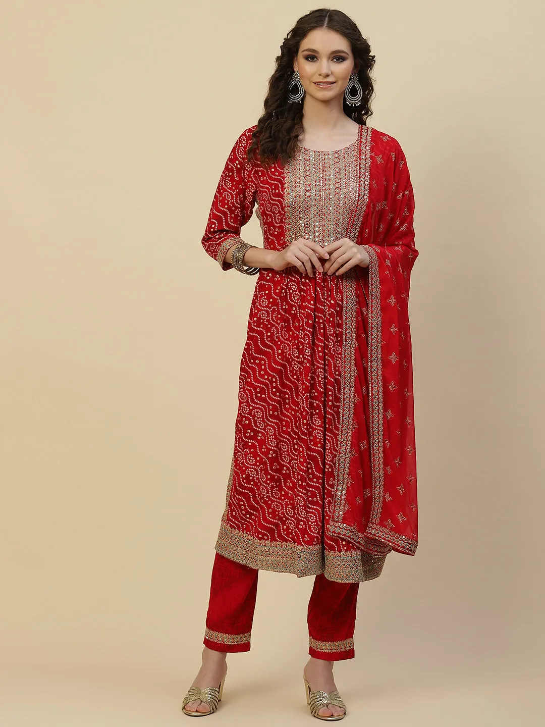 Bandhani Printed Cotton Kurta With Pants & Dupatta