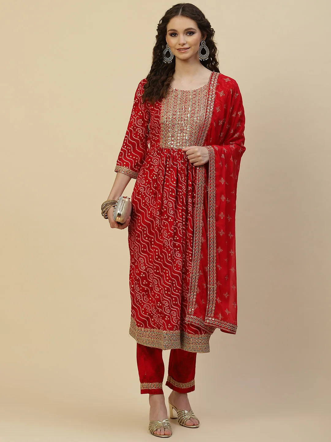 Bandhani Printed Cotton Kurta With Pants & Dupatta