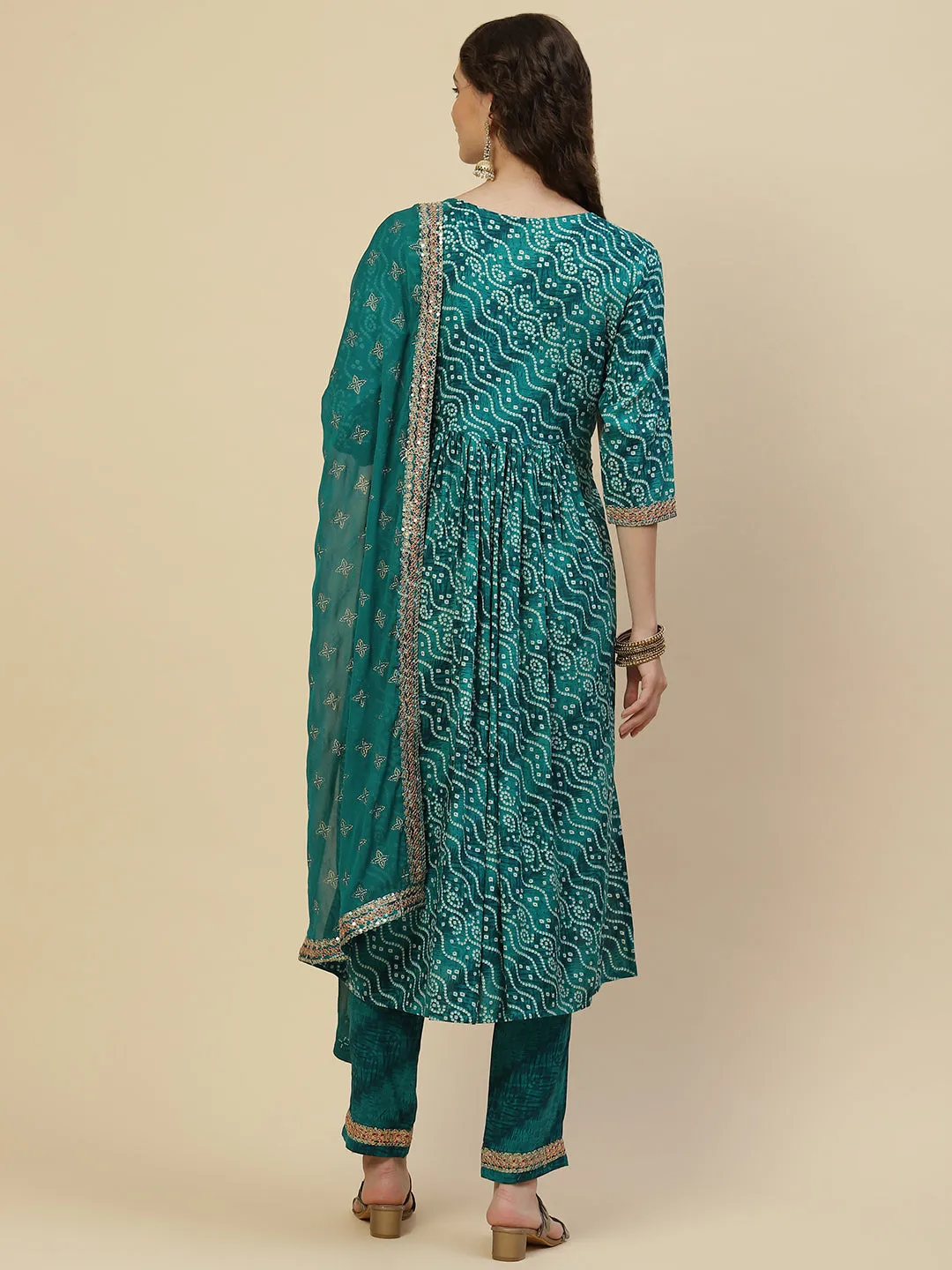 Bandhani Printed Cotton Kurta With Pants & Dupatta