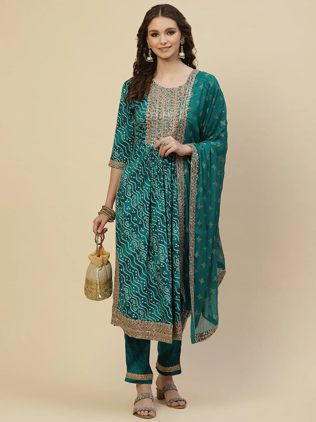 Bandhani Printed Cotton Kurta With Pants & Dupatta