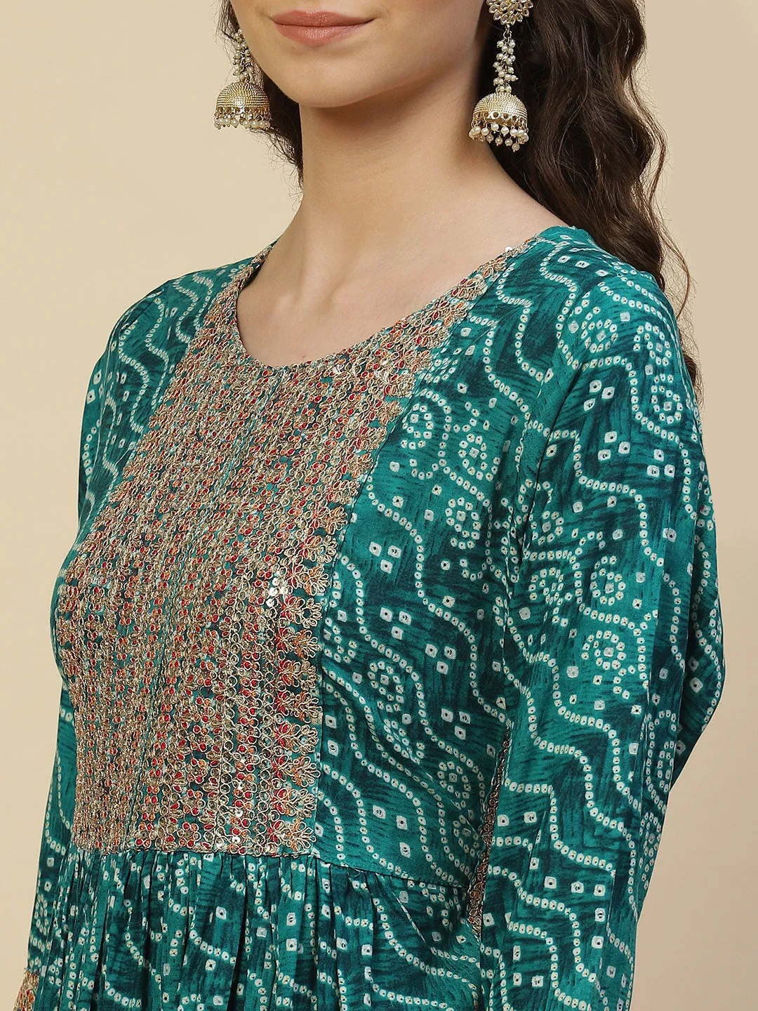 Bandhani Printed Cotton Kurta With Pants & Dupatta