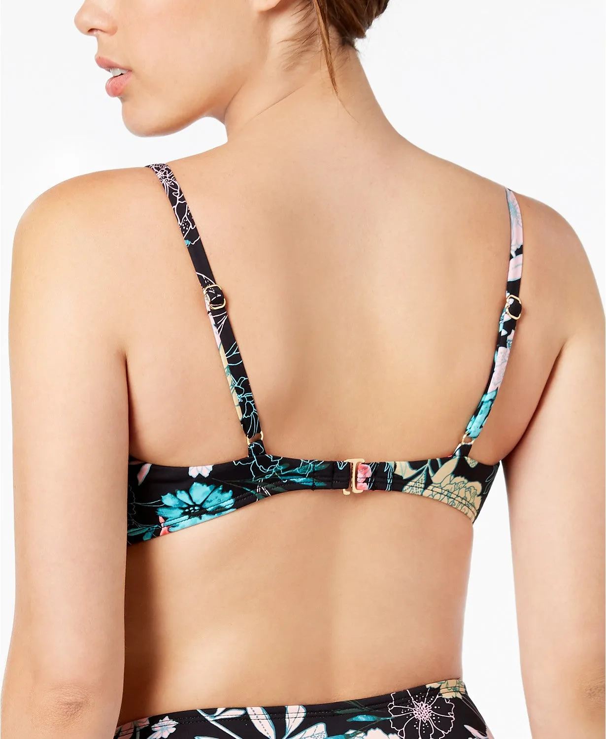 Bar III Womne's Floral-Print Tie Front Bralette Bikini Top, Black, M