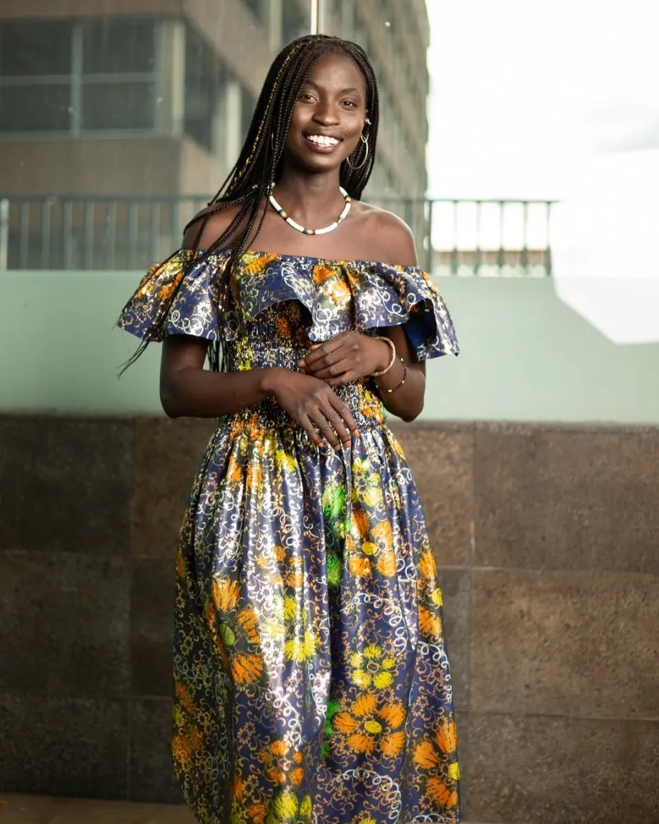 Beautiful African Maxi Dress In Metallic Gold Blue