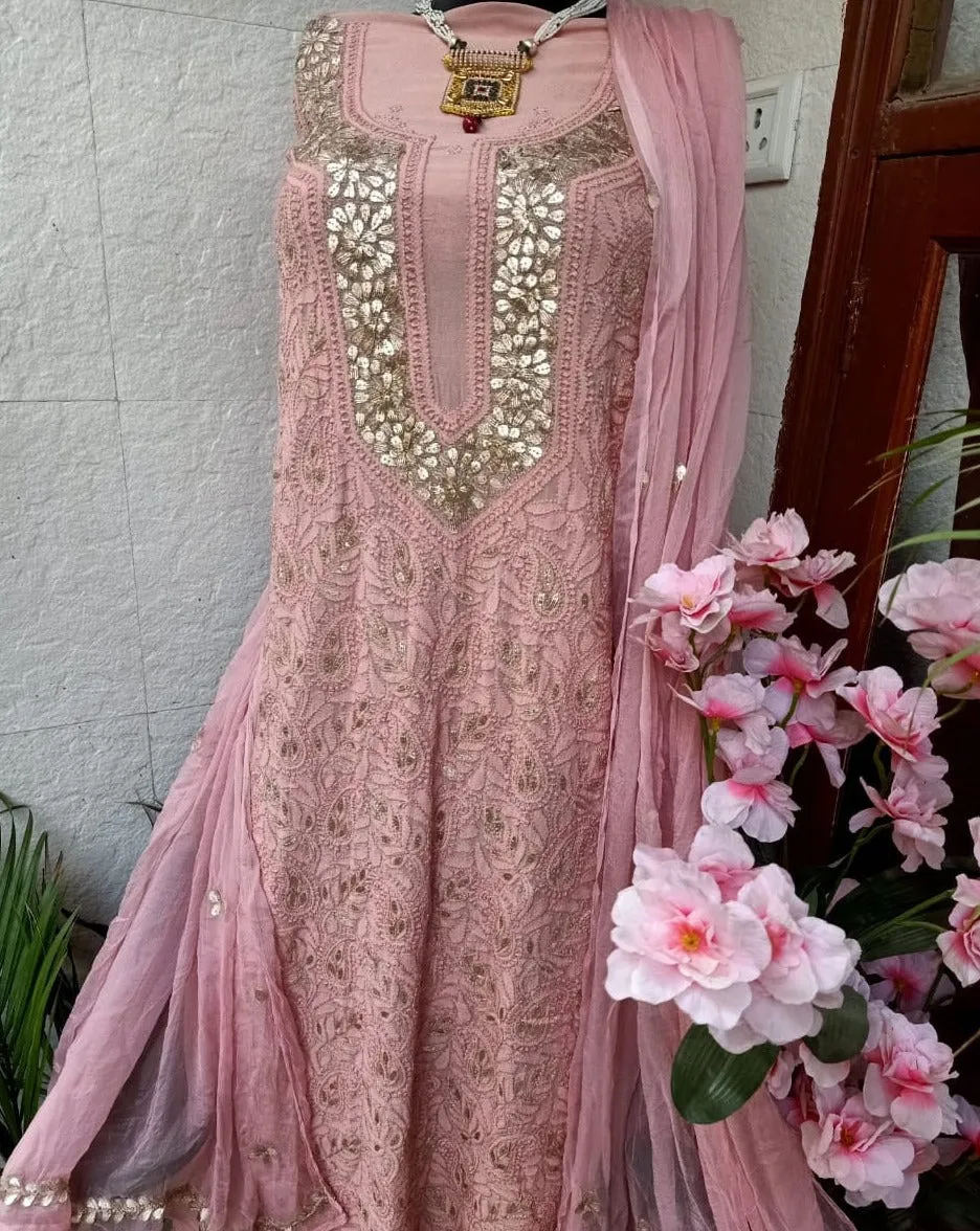 Beautiful Rose Pink Unique Chikankari Gota Work Unstitched Salwar Kameez fabric