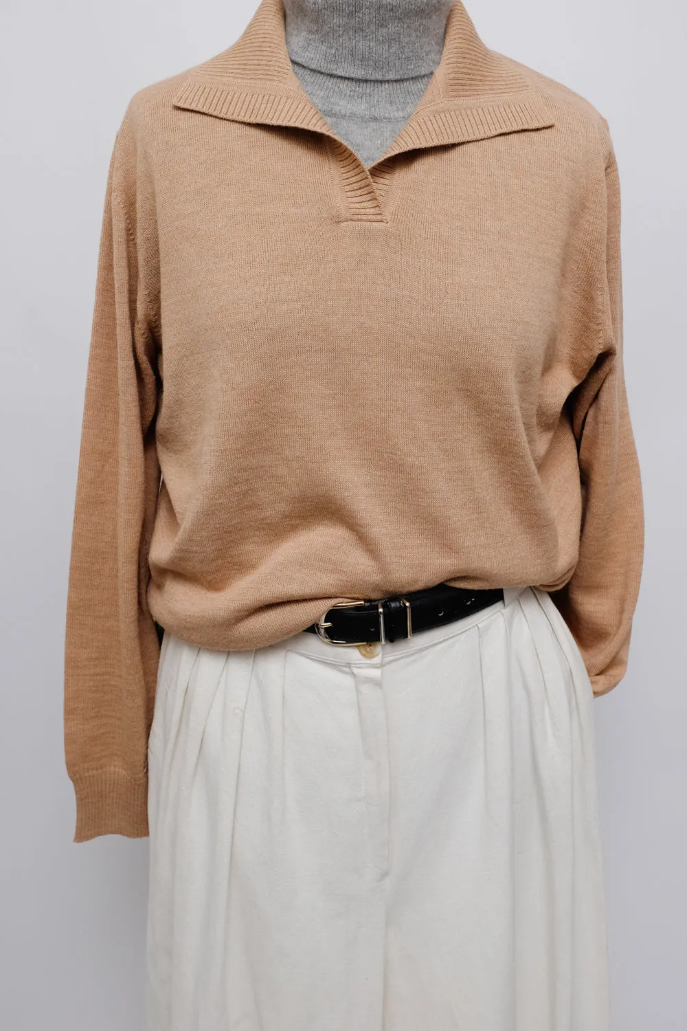 BEIGE WOOL BLEND POLO SWEATER