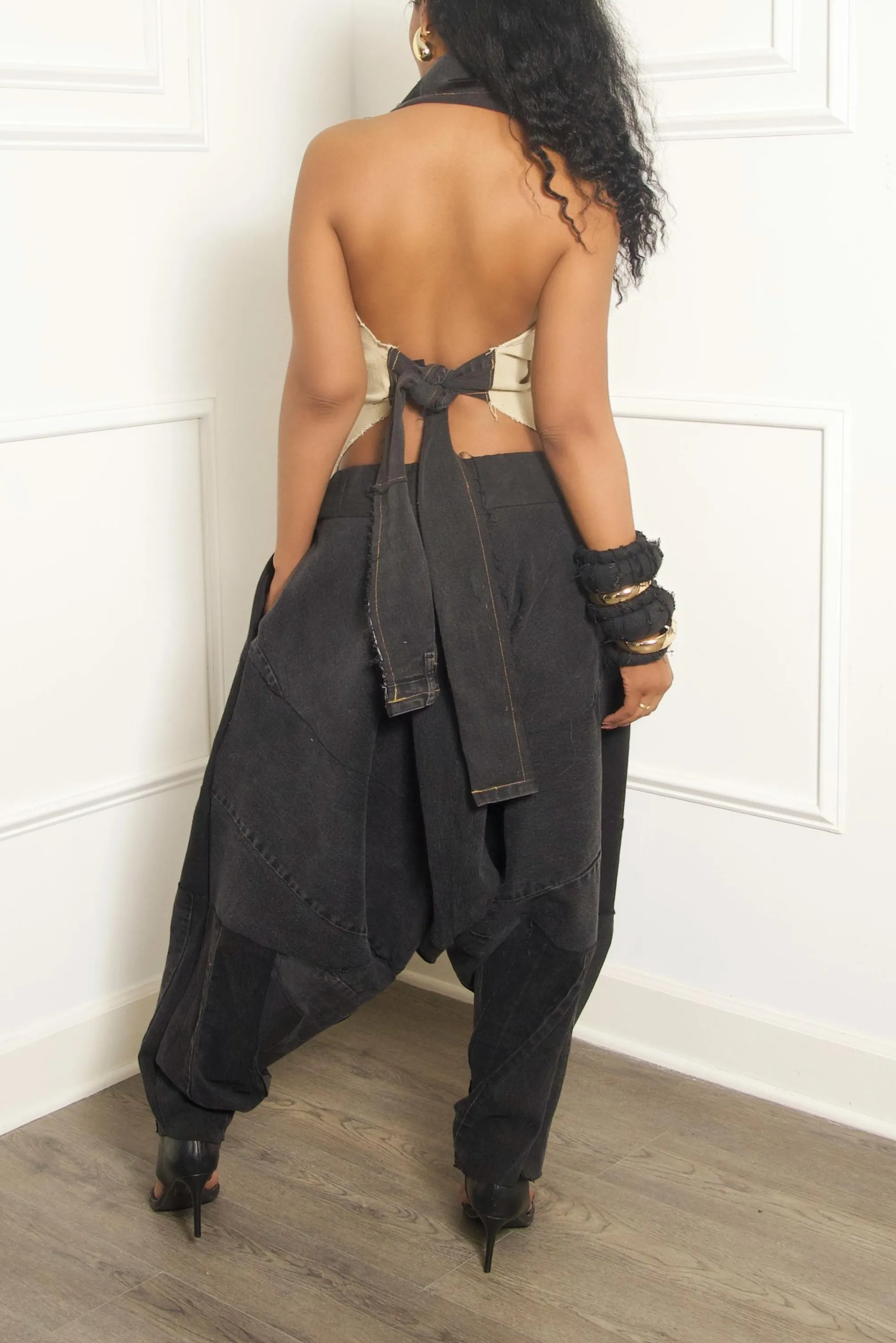 Black and Caramel Ripped Denim Halter Top (S/M)