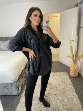 Black Oversized PU Faux Leather Shirt