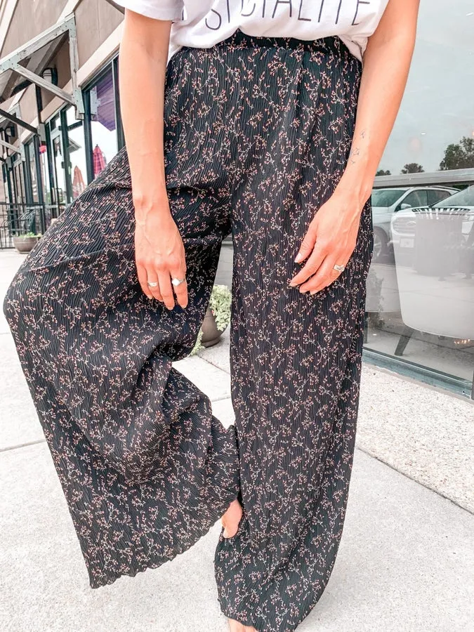 Black Printed Wide Leg Pants - Final Sale