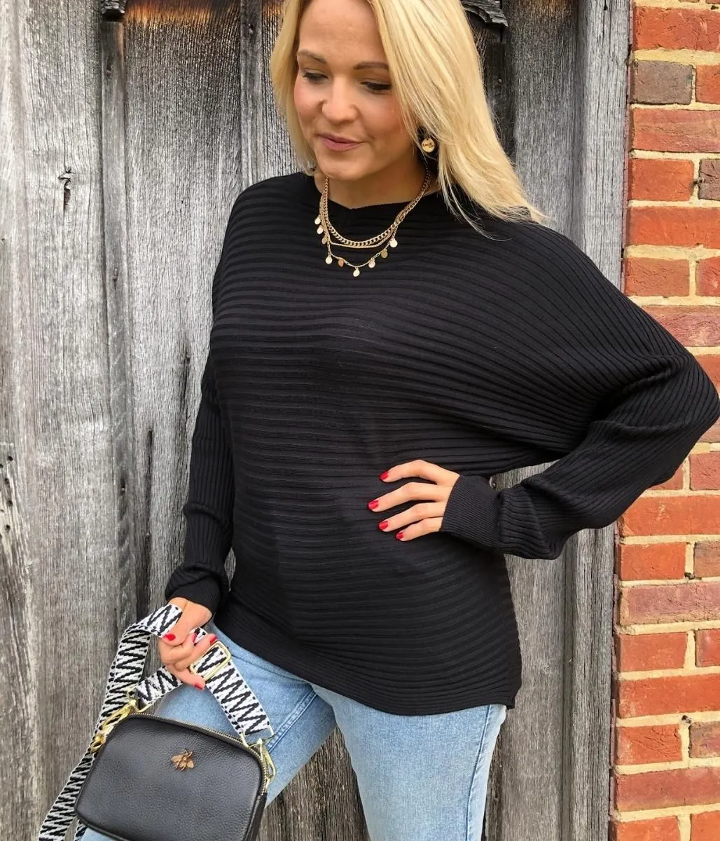 Black Ribbed Batwing Jumper