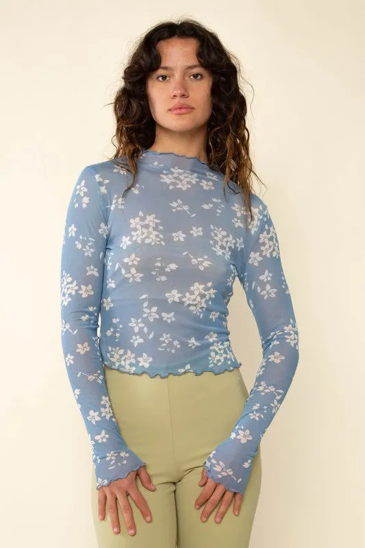 Stylish Blue Ivy Floral Design Mesh Top