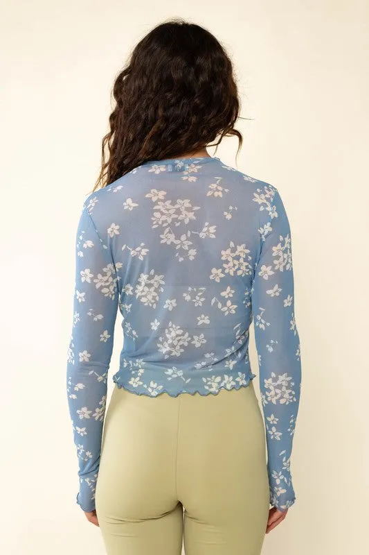 Stylish Blue Ivy Floral Design Mesh Top