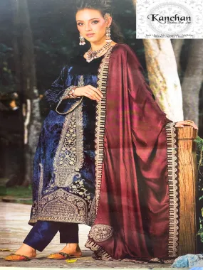 Blue Velvet Unstitched Suit with Zari and thread Embroidery