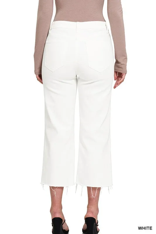 Button Fly Wide Leg Raw Hem Crop Denim-White