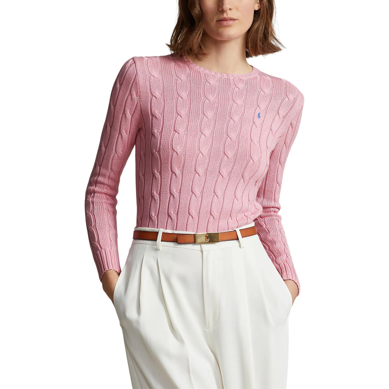 Cable-Knit Cotton Crewneck Sweater - Pink