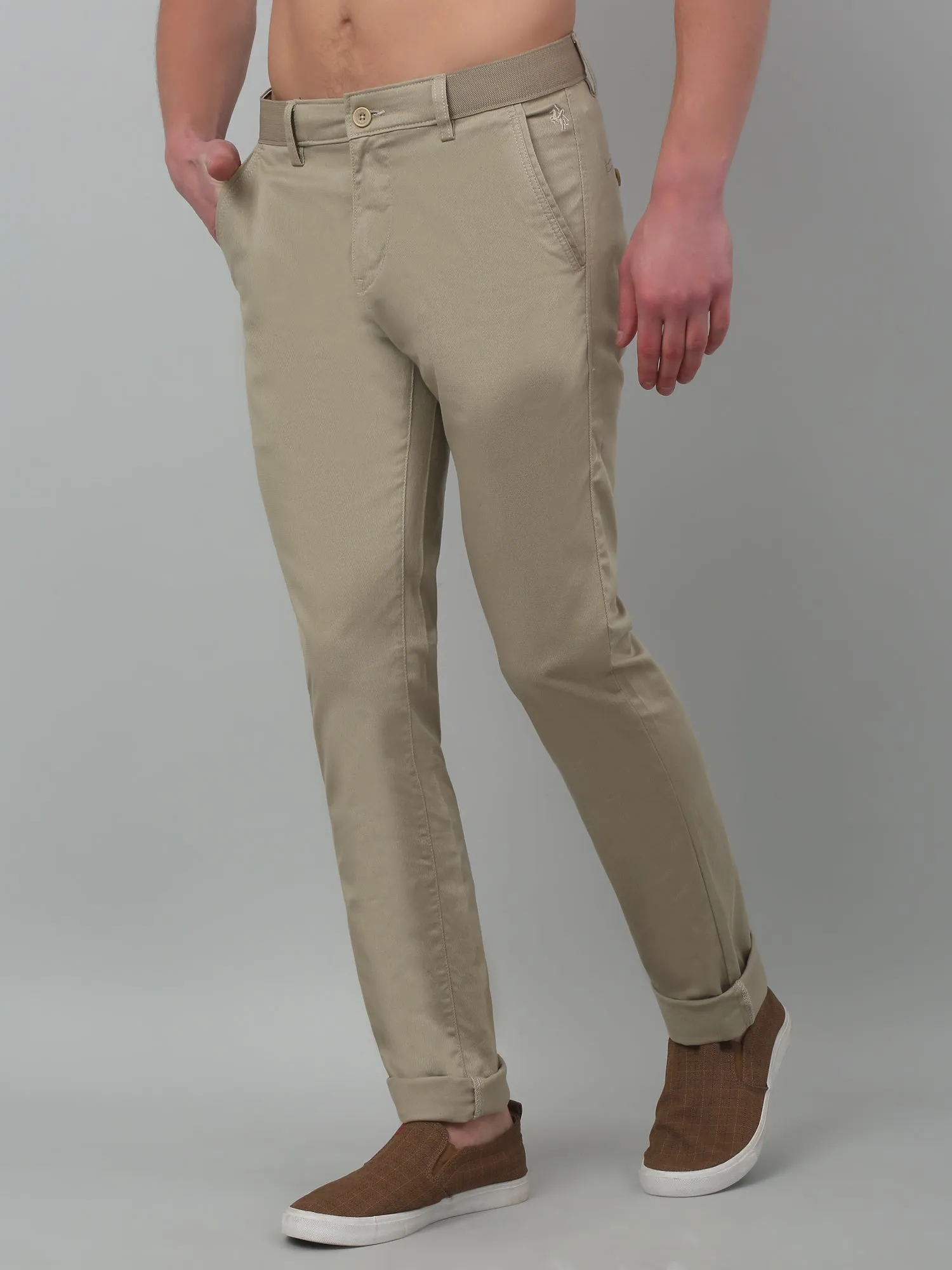 Cantabil Beige Non Pleated Self Design  Stretchable Casual Trouser For Men