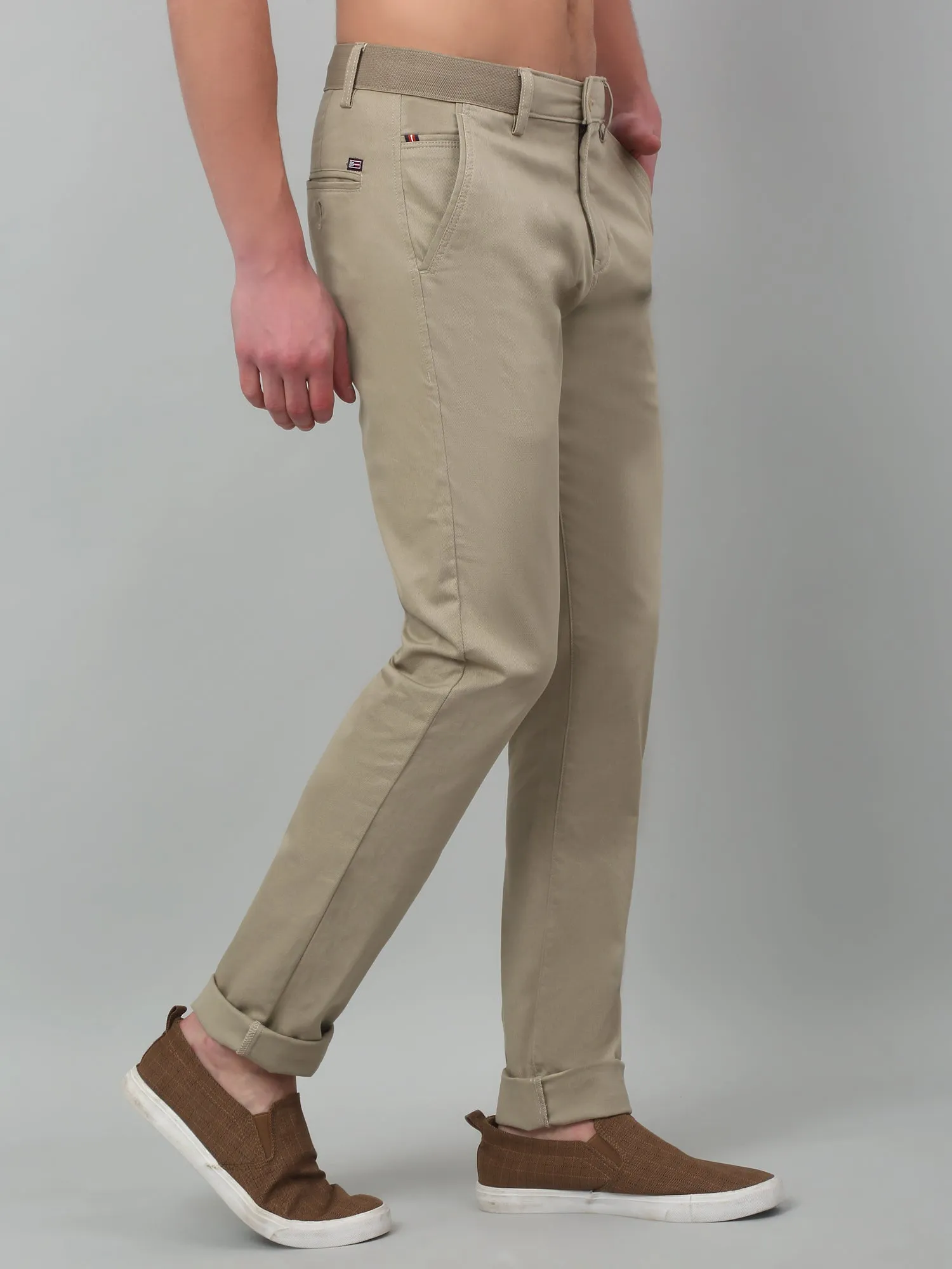 Cantabil Beige Non Pleated Self Design  Stretchable Casual Trouser For Men