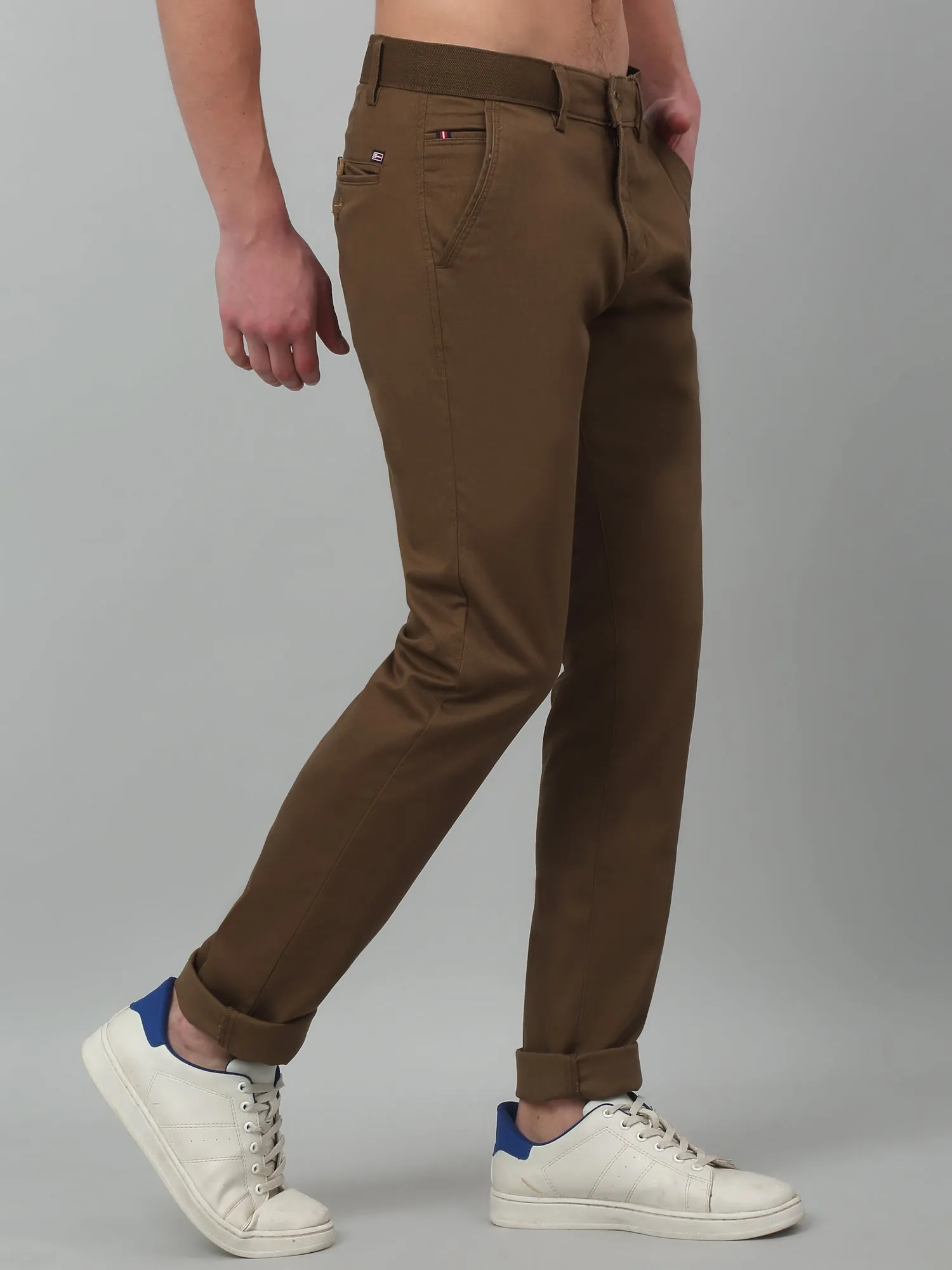 Cantabil Brown Non Pleated Self Design  Stretchable Casual Trouser For Men