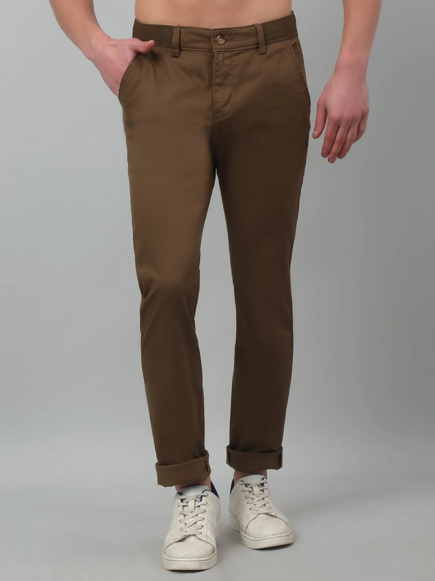 Cantabil Brown Non Pleated Self Design  Stretchable Casual Trouser For Men